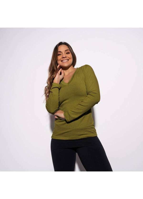 Honey Be - Blusa Caqui Gola V Lisa Bl339 Verde