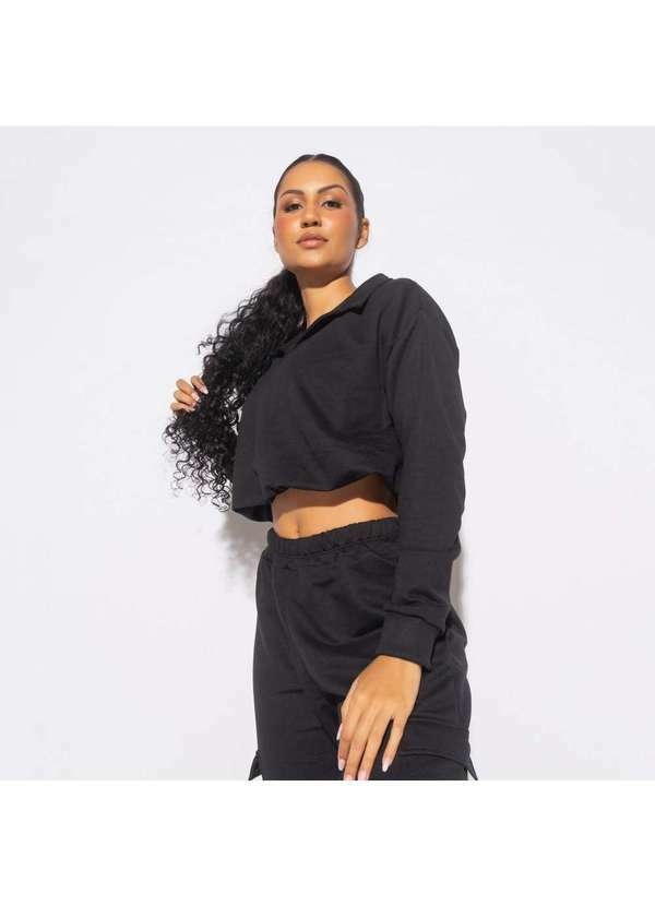 Honey Be - Casaco Fitness de Moletom Honey Gola Polo Preto Cs095 Preto