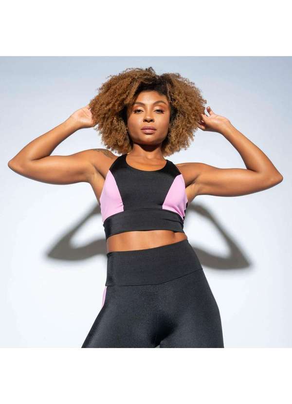 Honey Be - Top Fitness Gloss Preto com Rosa e Laranja Tp1276 Preto