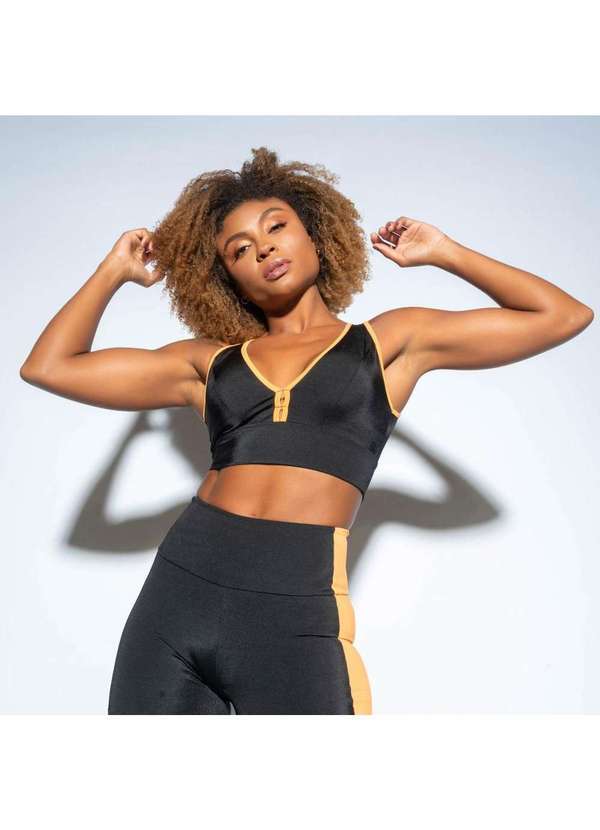 Honey Be - Top Fitness Gloss Preto com Viés Laranja Tp1274 Preto