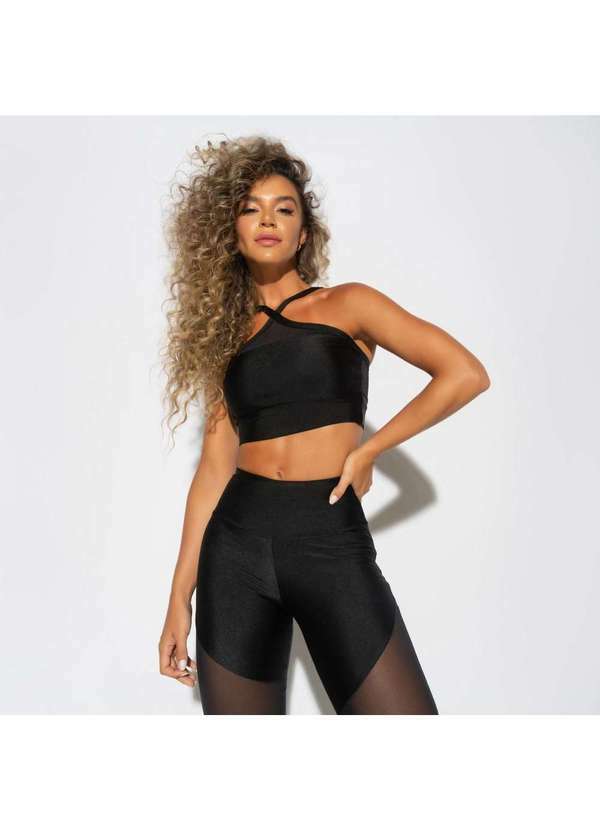 Honey Be - Top Fitness Gloss Preto Cruzado com Tule Tp1354 Preto