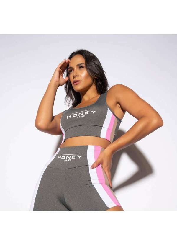 Honey Be - Top Fitness Mescla com Faixas Coloridas Tp1240 Cinza