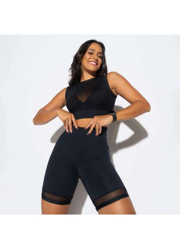 Honey Be - Top Fitness Preto Duplo com Tule Tp1359 Preto