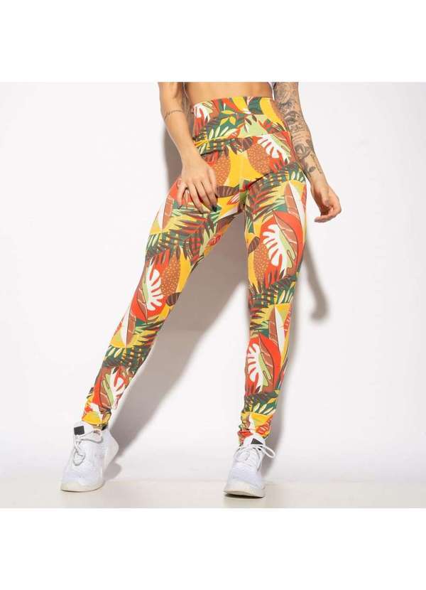 Honey Be - Legging Fitness Estampada Folhagens Coloridas Lg1954 Amarelo