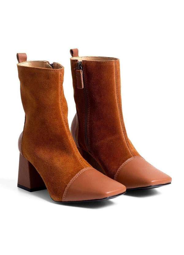 Raphaella Booz - Bota Salto Bloco Médio Couro Couro Glove Camel/Camurcao 2