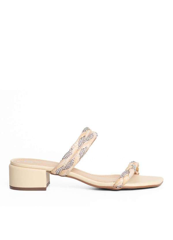 Raphaella Booz - Mule Salto Bloco Palha Bege Strass Palha Natural/Cristal/Duna