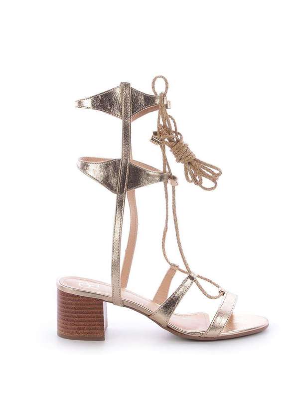 Raphaella Booz - Sandália Gladiadora Amarração Couro Dourada Metalizado Ouro Light/Palha