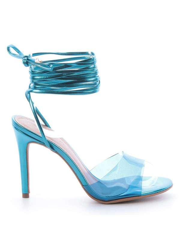 Raphaella Booz - Sandália Salto Alto Amarração Vinil Azul Bic/Egeu Metal Turquesa