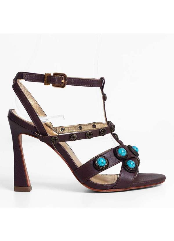 Raphaella Booz - Sandália Salto Alto Couro Pedrarias Couro Glove Brown