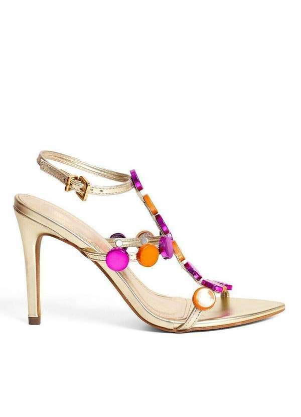 Raphaella Booz - Sandália Salto Alto Esferas Metal Ouro Light-Laranja/Pink
