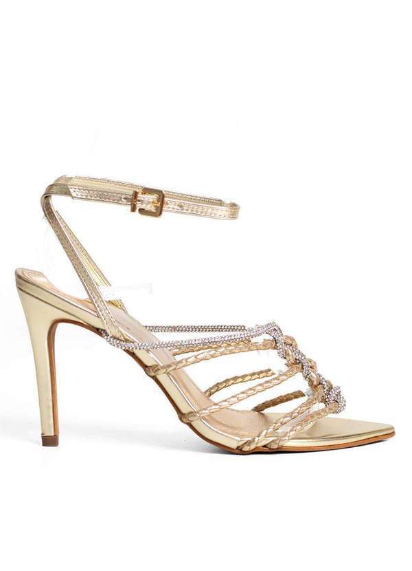 Raphaella Booz - Sandália Salto Alto Tiras Strass Trançada Egeu Metal Ouro Light/Cristal