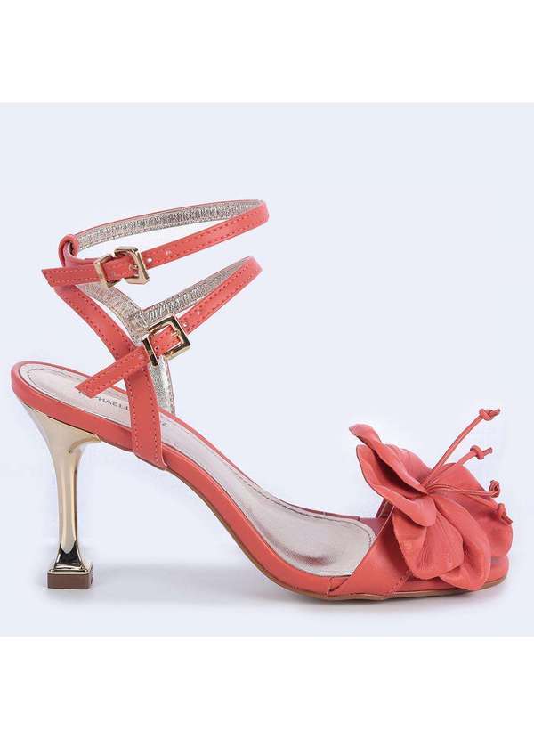 Raphaella Booz - Sandália Salto Taça Cromado Detalhe Flor Napa Tangerina/Cromado
