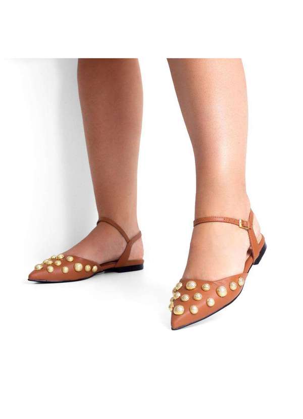 Raphaella Booz - Sandália Sapatilha Couro Detalhe Esferas Couro Glove Camel