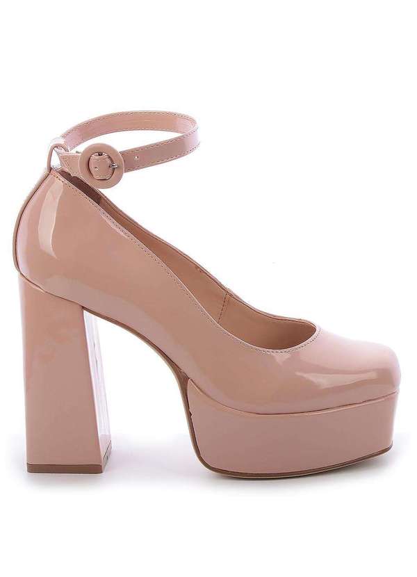 Raphaella Booz - Sandália Scarpin Meia Pata Salto Bloco Bege Verniz Natural