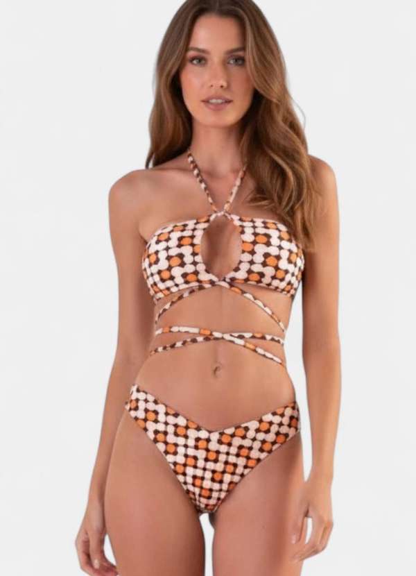 Areia Branca - Biquini Areia Branca Baly Transpassado Estampado Laranja