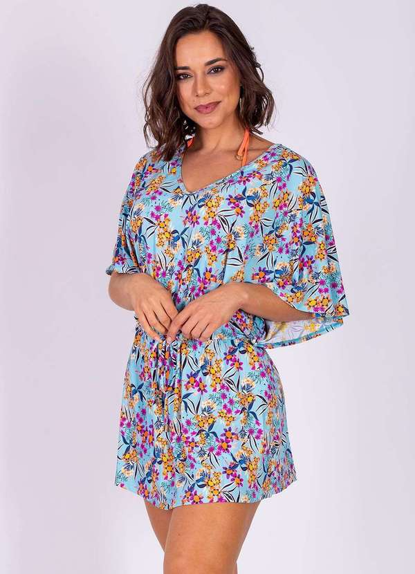 Areia Branca - Kaftan Areia Branca Bio Paraty Estampada Floral Azul