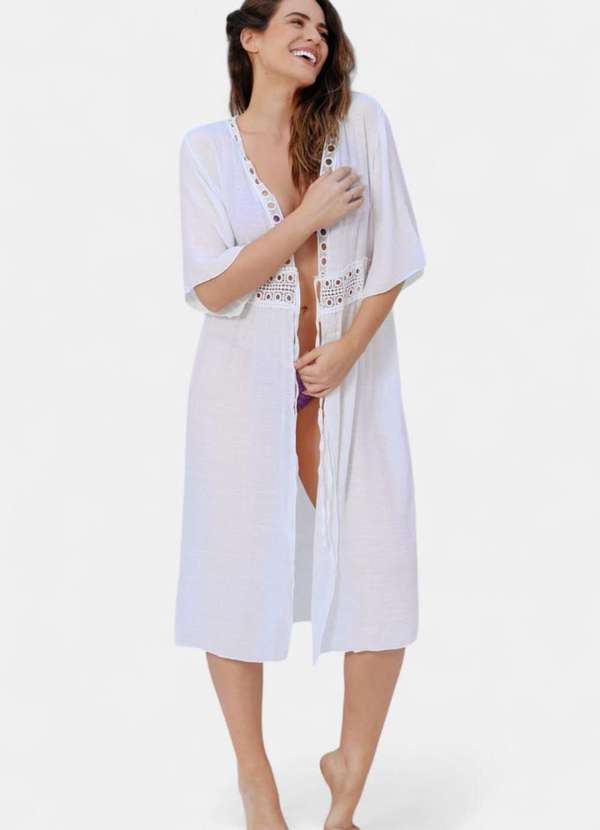 Areia Branca - Kimono Areia Branca Baly Bordado Branco