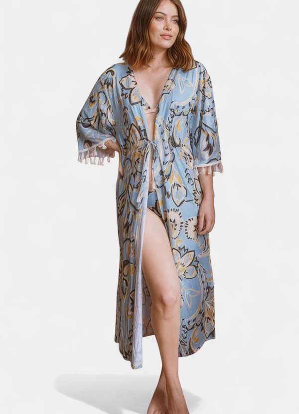Areia Branca - Kimono Areia Branca Baly Floral Azul