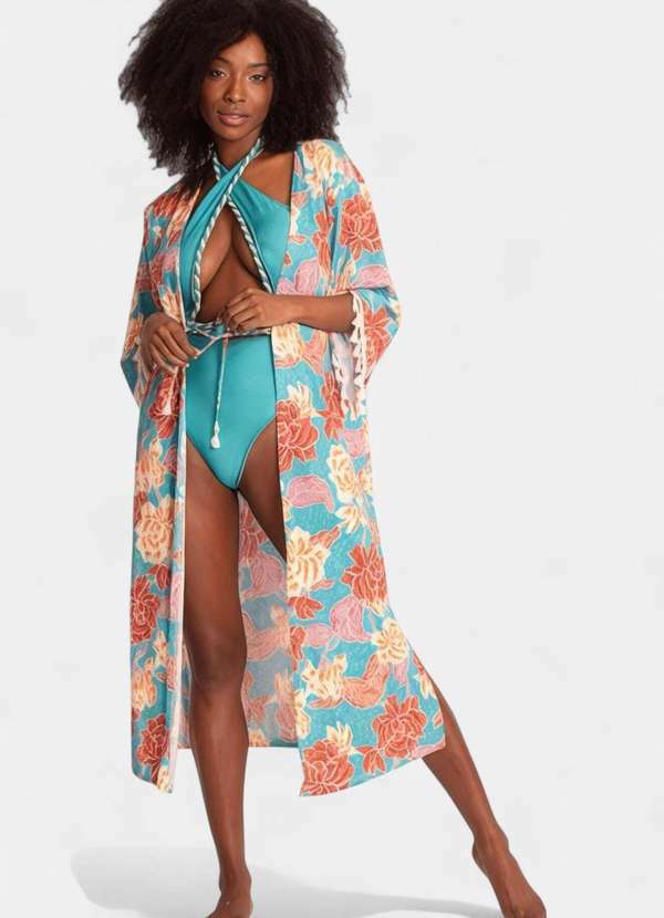 Areia Branca - Kimono Areia Branca Baly Flores Azul