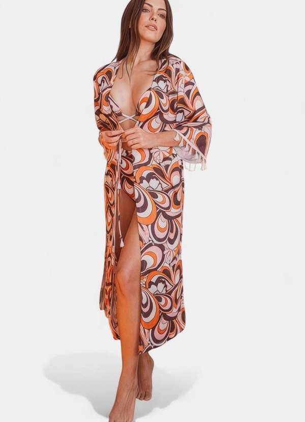 Areia Branca - Kimono Areia Branca Baly Geo Marrom