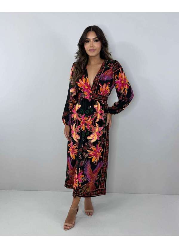 Closet Rc - Vestido Clara - Floral Fundo Preto Multicores 4