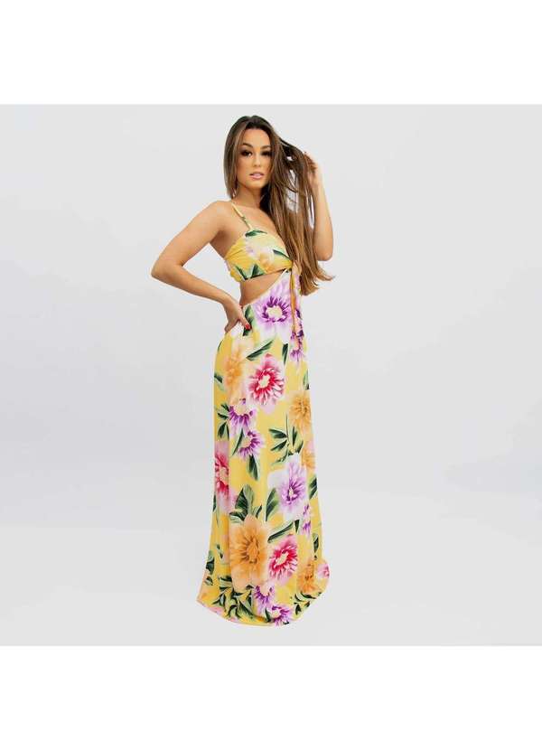 Closet Rc - Vestido Natália - Floral Exclusivo Amarelo Multicores