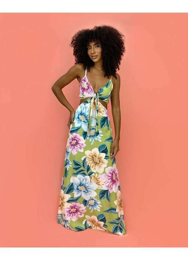 Closet Rc - Vestido Natália - Floral Exclusivo Verde Multicores