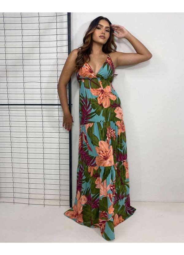 Closet Rc - Vestido Sophia - Floral Fundo Azul Turquesa Multicores