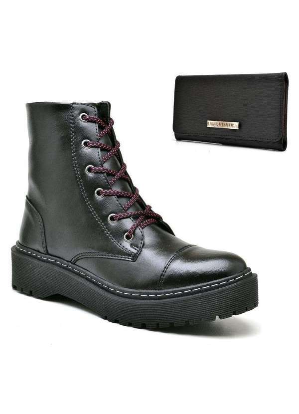 Luma Ventura - Coturno Feminino Cano Alto Fosco Carteira Preta Brinde Promoção Black