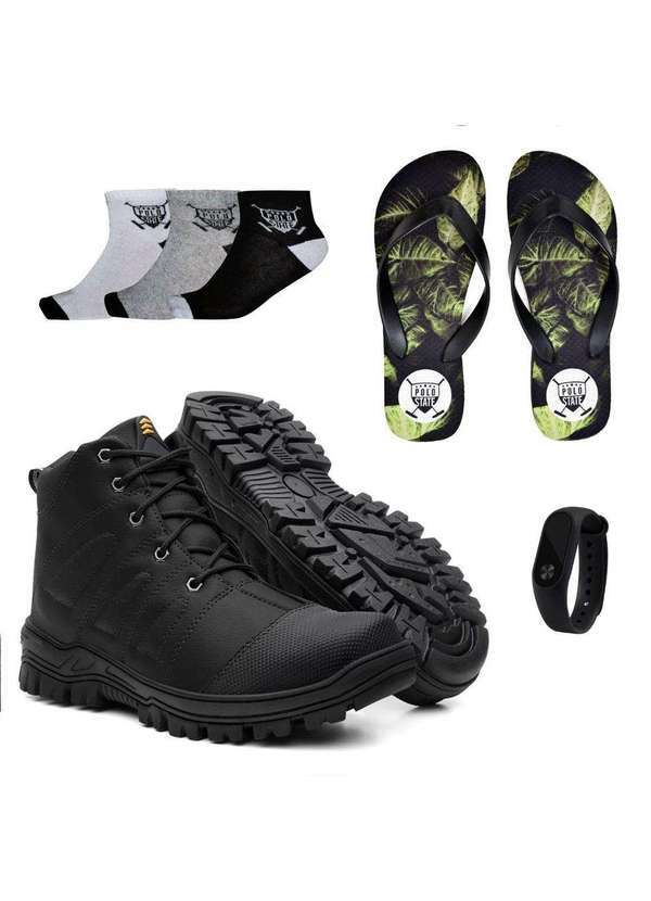 Polo State - Kit Bota Masculina Preta com 3 pares Meias e Relógio e Chinelo Colorfull