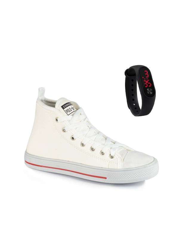 Polo State - Kit Tênis Casual All Polo Cano Alto Branco e Relogio Digital White