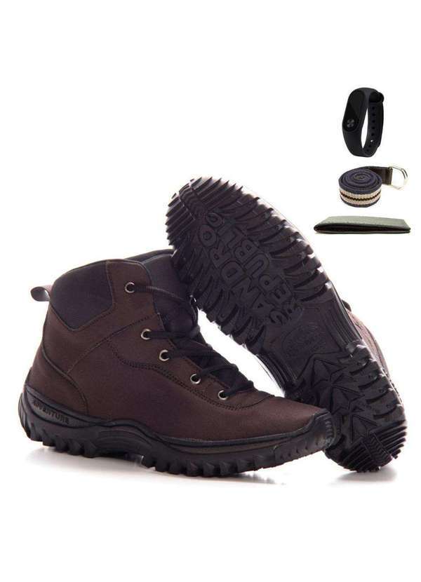 Polo State - Bota Adventure Resistente Marrom e Relógio e Cinto e Carteira Brown