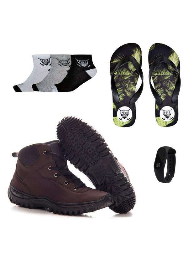 Sandro Moscoloni - Kit Bota Adventure Lona Marrom com 3 Meias e Relógio e Chinelo Colorfull
