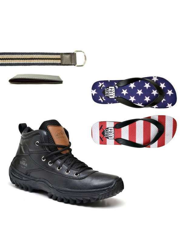Polo State - Kit Bota Preta e Chinelo e Cinto Gorgurão e Carteira Black