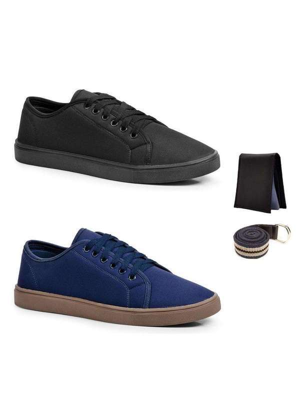 Polo State - Kit 2 Sapatênis Casual Amarrar Preto e Azul e Cinto e Carteira Colorfull