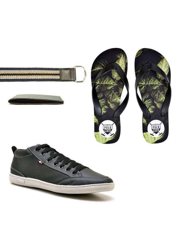 Polo State - Kit Sapatênis Cano Alto Preto e Chinelo e Cinto e Carteira Preta Black