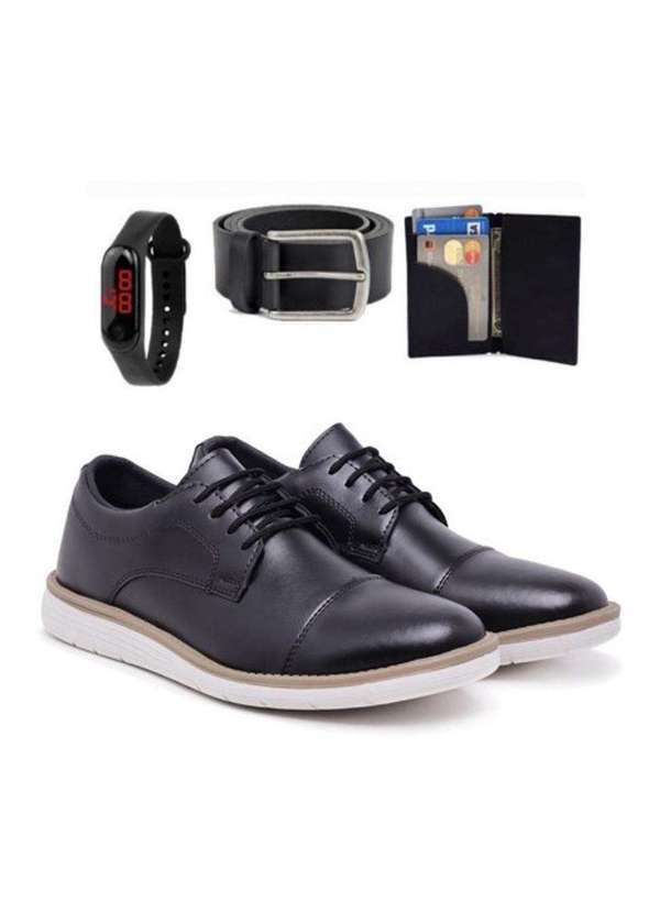 Polo State - Kit Sapato Polo State Oxford Confort com Carteira e Cinto Black Black