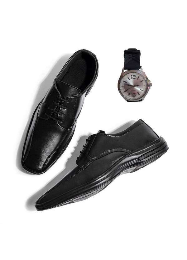 Polo State - Kit Sapato Social Masculino Polo State Salviato Preto e Relogio Black