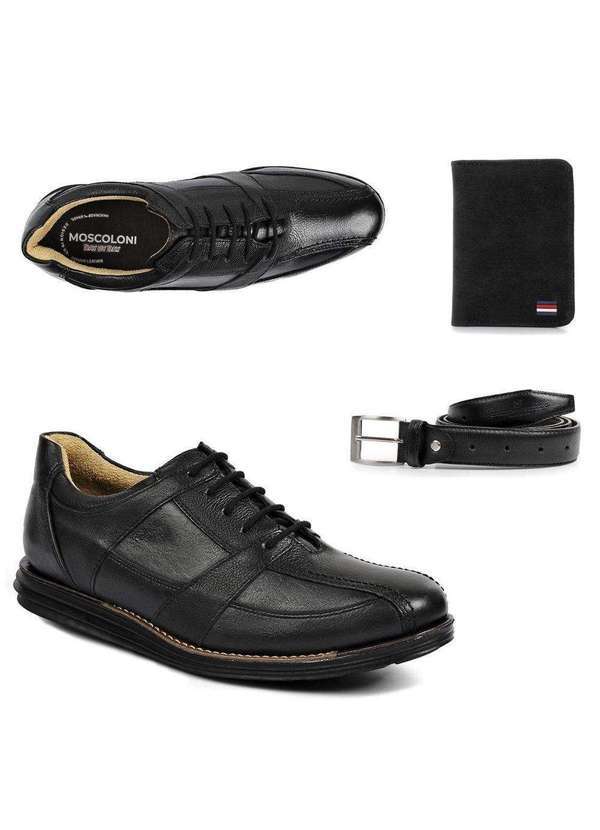 Sandro Moscoloni - Kit Sapato Social Qualidade Exportação Couro Legítimo e Brindes Black
