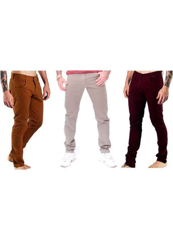 Luma Ventura - Kit 3 Calça Jeans Masculina Skinny Básica Bordô e Verde e Marrom Colorfull