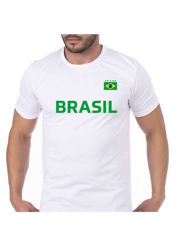 Sandro Moscoloni - Camiseta Masculina Poliéster Brasil Bandeira Chest Branca/Verde Blue