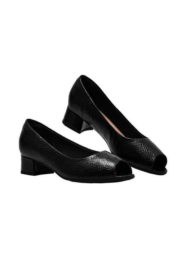 Comfort - Peep Toe Feminino Croco Texturizada Salto Bloco Comfort Preto