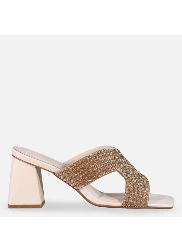 Comfort - Tamanco Strass Salto Bloco Bege e Aveia Bege