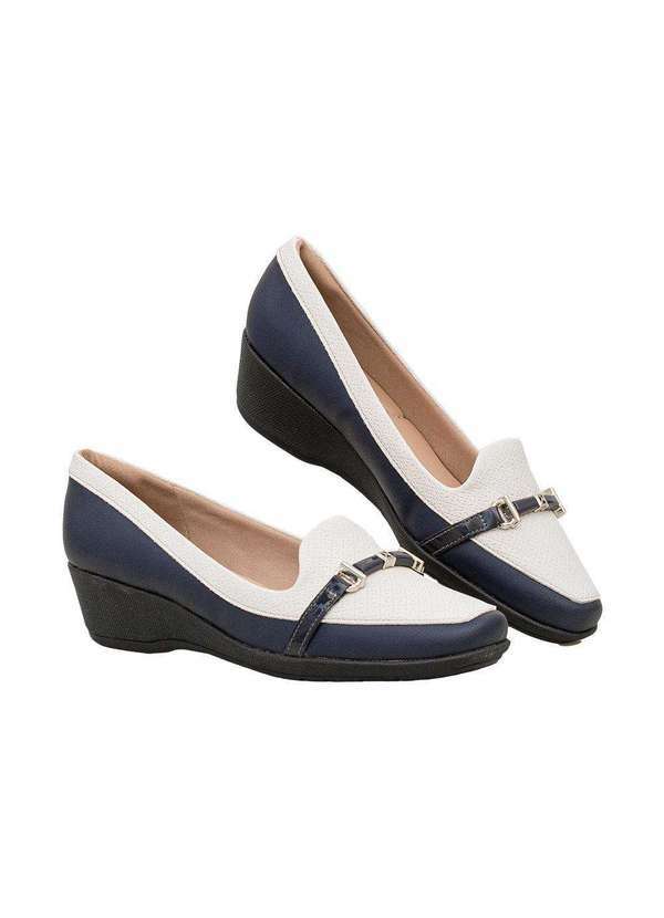 Comfort - Sapato Feminino Navy Metalizado Salto Anabela Comfort Navy