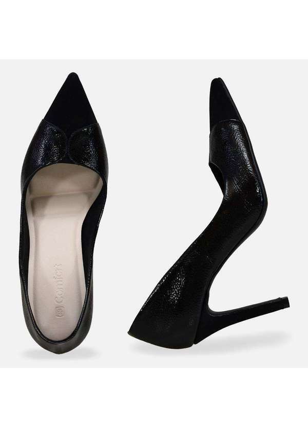 Comfort - Scarpin Detalhe Frontal Salto Fino Aveia e Preto Preto