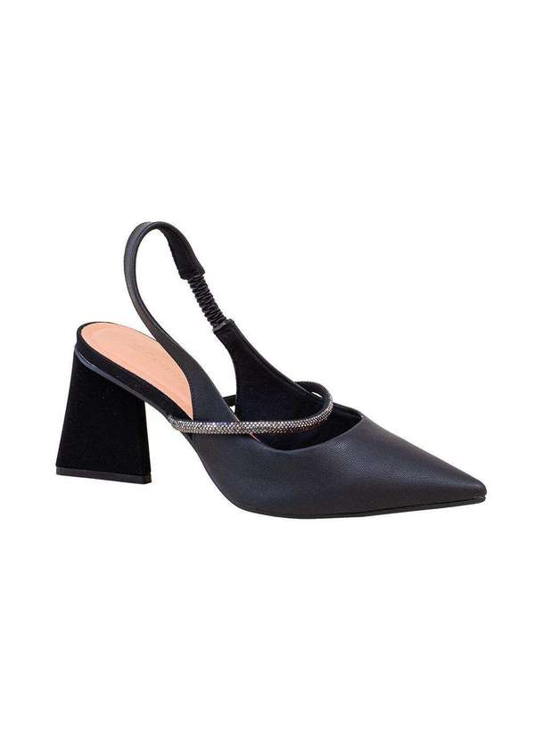 Comfort - Scarpin Feminino Tira Strass Salto Bloco Comfort Preto