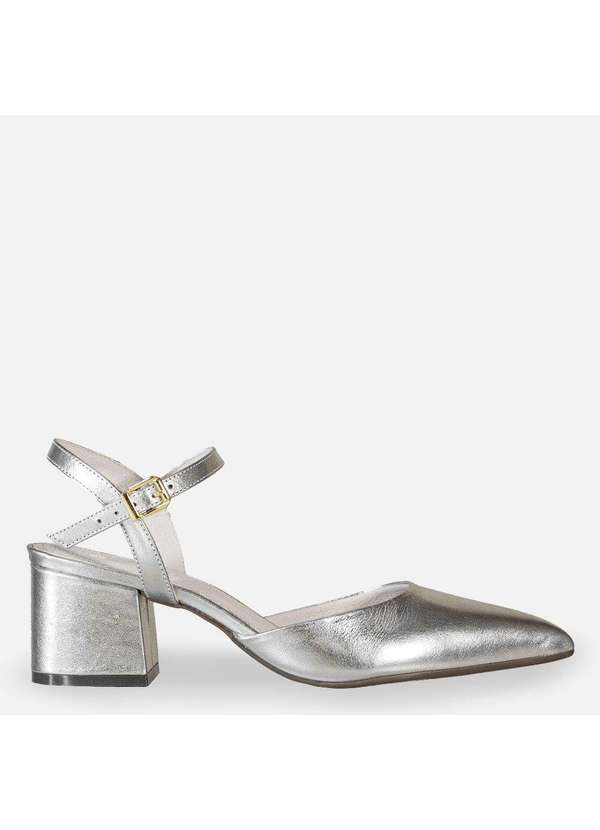 Comfort - Slingback Couro Salto Bloco Branco Prata