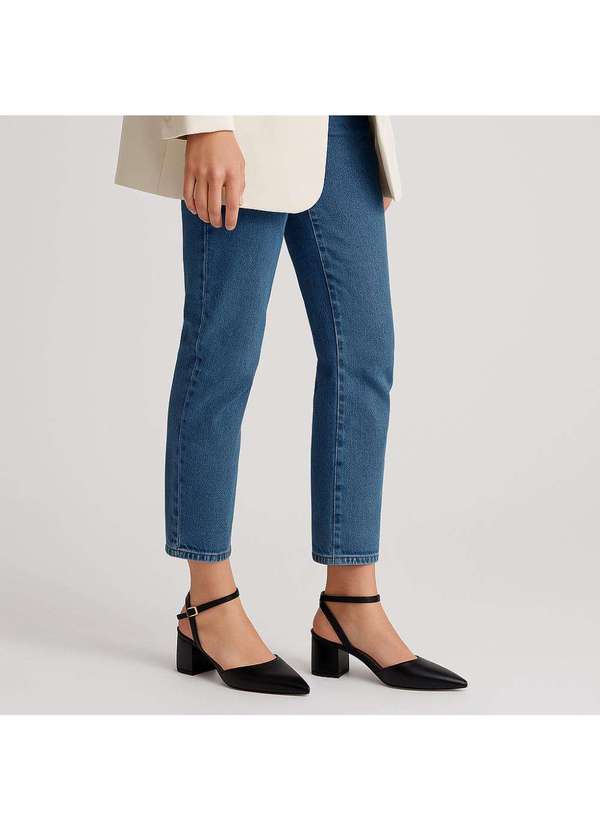 Comfort - Slingback Couro Salto Bloco Branco Preto