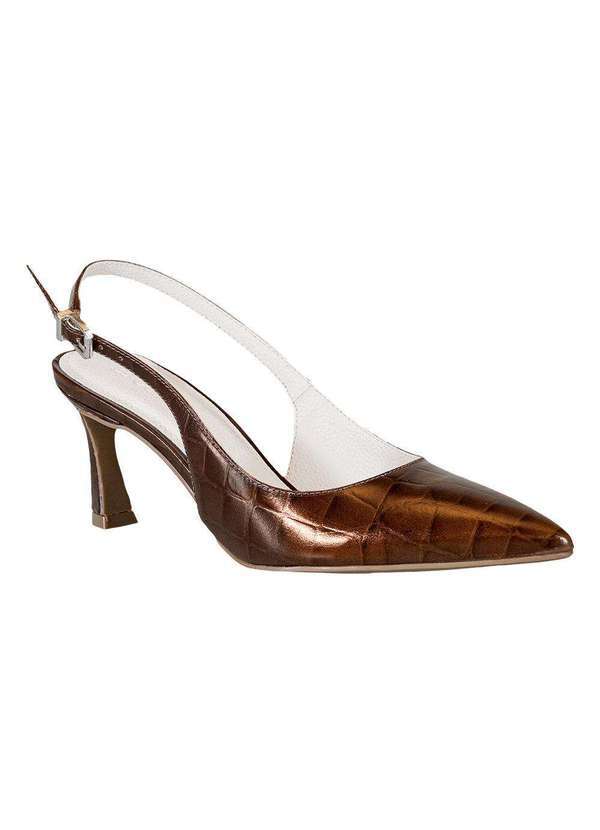 Comfort - Slingback Feminino Couro Textura Croco Comfort Cafe