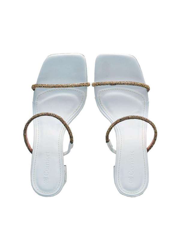 Comfort - Tamanco Feminino com Salto Médio e Tiras Finas Strass Comfort Branco 2